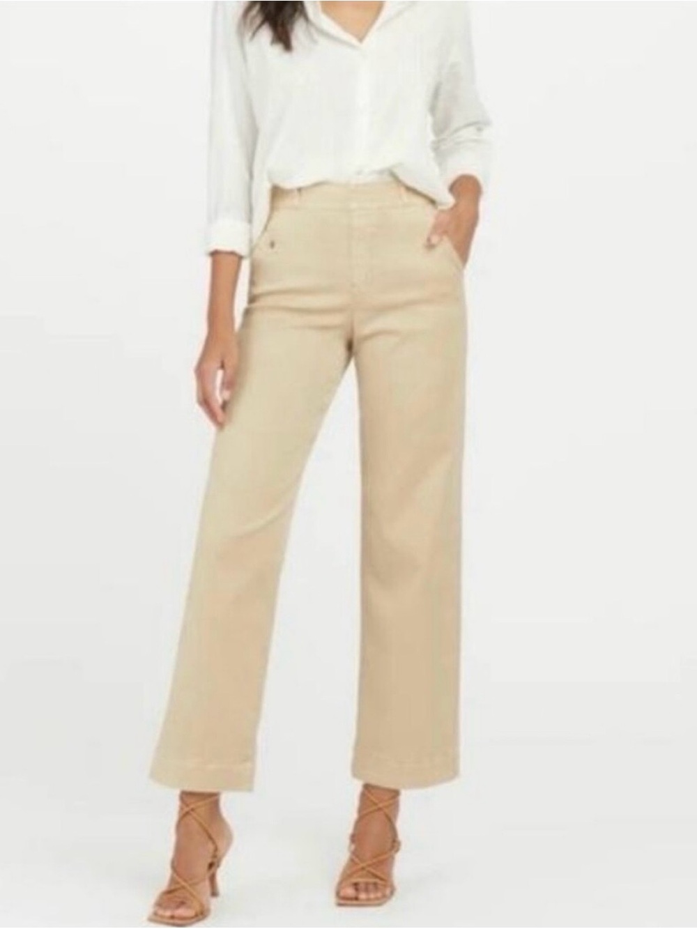 SPANX khaki stretch twill wide leg crop